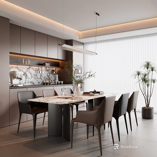 Elegant Modern Restaurant Interior With Marble Dining Table Comfortable Chairs And Pendant Lights 3d model