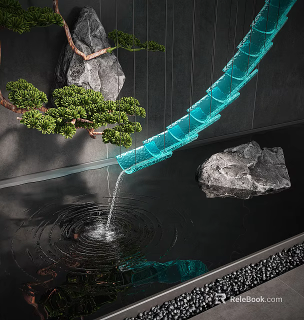 Modern Water Fountain Featuring Blue Curved Design with Flowing Water and Natural Rocks Pine Tree 3d model 