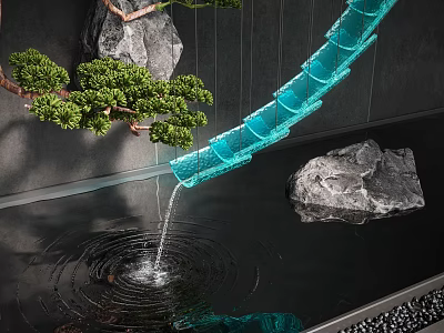 Modern Water Fountain Featuring Blue Curved Design with Flowing Water and Natural Rocks Pine Tree 3d model