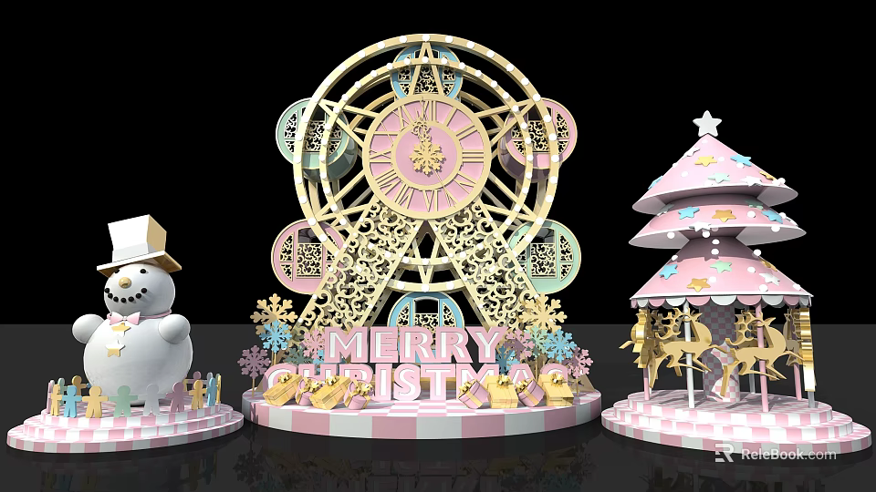 Christmas Decorative Scene With Golden Ferris Wheel Snowman Pink Carousel And Snowflakes 3d model 