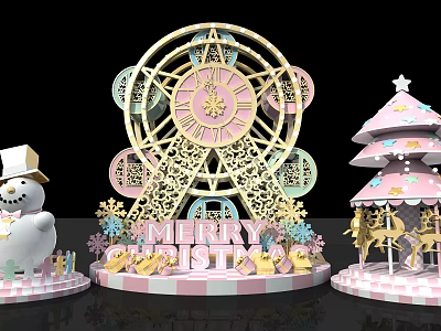 Christmas Decorative Scene With Golden Ferris Wheel Snowman Pink Carousel And Snowflakes 3d model