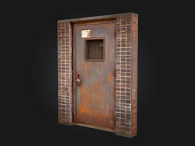 Rusted Metal Door With Small Window And Door Handle Surrounded By Brick Wall 3d model