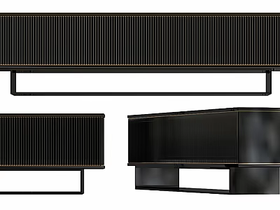 Modern TV Stand With Vertical Slats Sleek Black Metal Frame And Storage Design 3d model