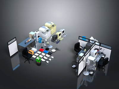Modern Office Interior Design With Desk Chair Partition Filing Cabinet And Computer 3d model
