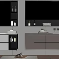 Modern Bathroom Vanity with Large Mirror Light Colored Cabinets Double Sink Toiletries and Green Plant