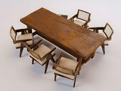 Rustic Wooden Dining Table Set With Armchairs And Upholstered Seats In Natural Tones 3d model
