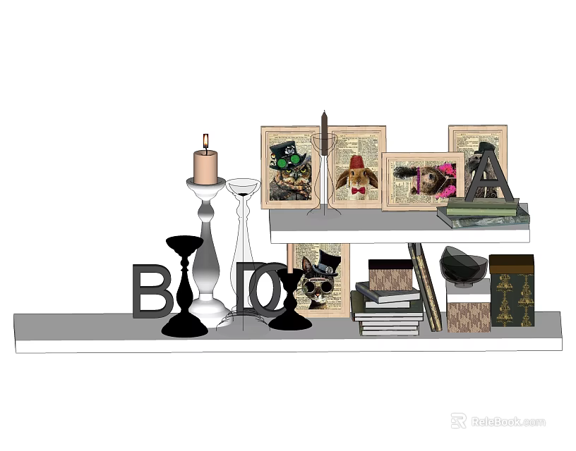 Decorative Ornament Set With Candlesticks Photo Frames Books And Letter Decor 3d model 