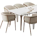 Modern Light Colored Upholstered Dining Chairs Around Marble Tabletop Dining Table