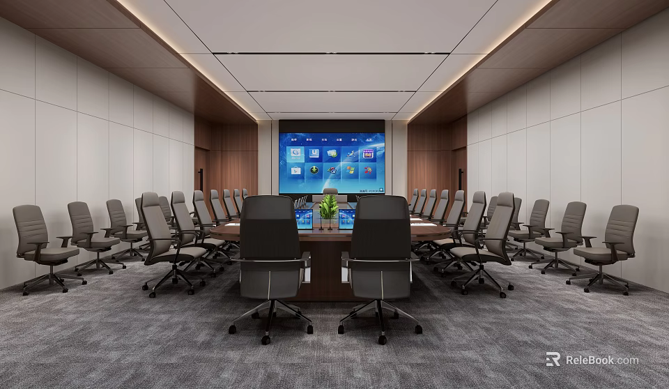 Modern Conference Room Interior With Long Table Ergonomic Chairs And Large Screen 3d model 