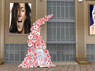 Large Arc Shaped Pink Flower Floral Installation At Building Entrance 3d model