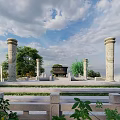 Park Landscape with Stone Steps Pillars Steles with Characters Trees Mist and People Walking
