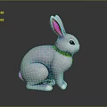 Cute White Rabbit Plush Toy With Pink Ears Green Collar Sitting On Black Reflective Background
