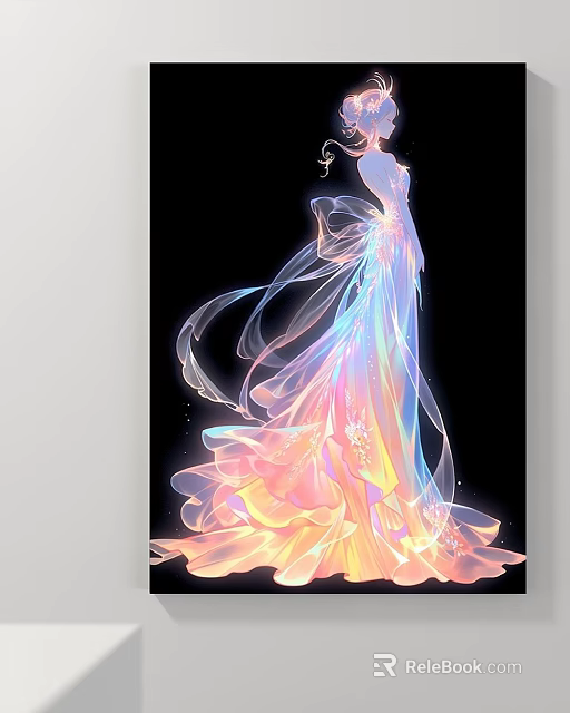 Ethereal Figure Painting of Female with Flowing Iridescent Dress and Transparent Tulle on Black Background 3d model 