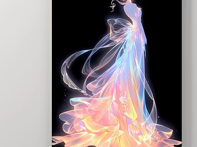 Ethereal Figure Painting of Female with Flowing Iridescent Dress and Transparent Tulle on Black Background 3d model