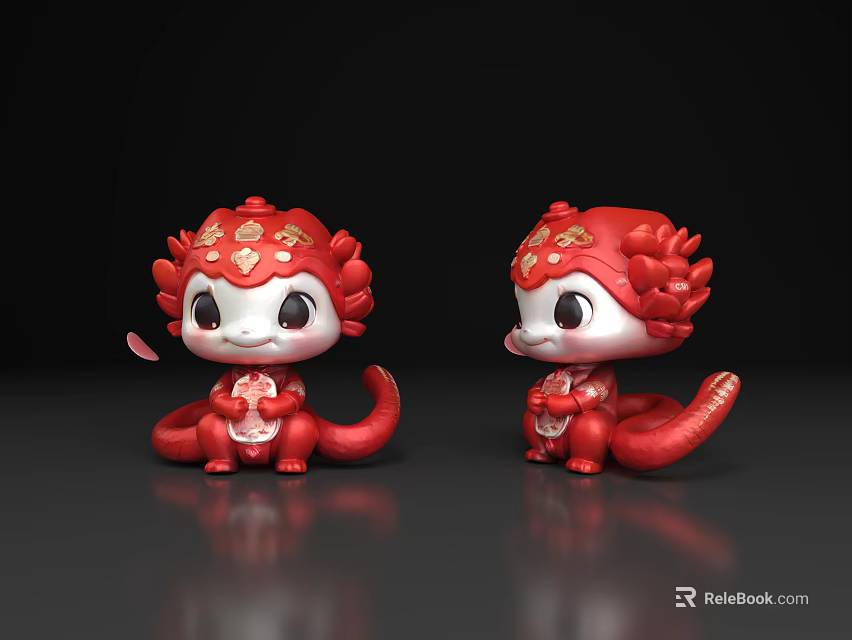 Two Piece Cute Red Dragon Decorative Ornament Set With Golden Accents For Home Decor 3d model 