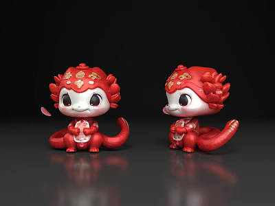 Two Piece Cute Red Dragon Decorative Ornament Set With Golden Accents For Home Decor 3d model