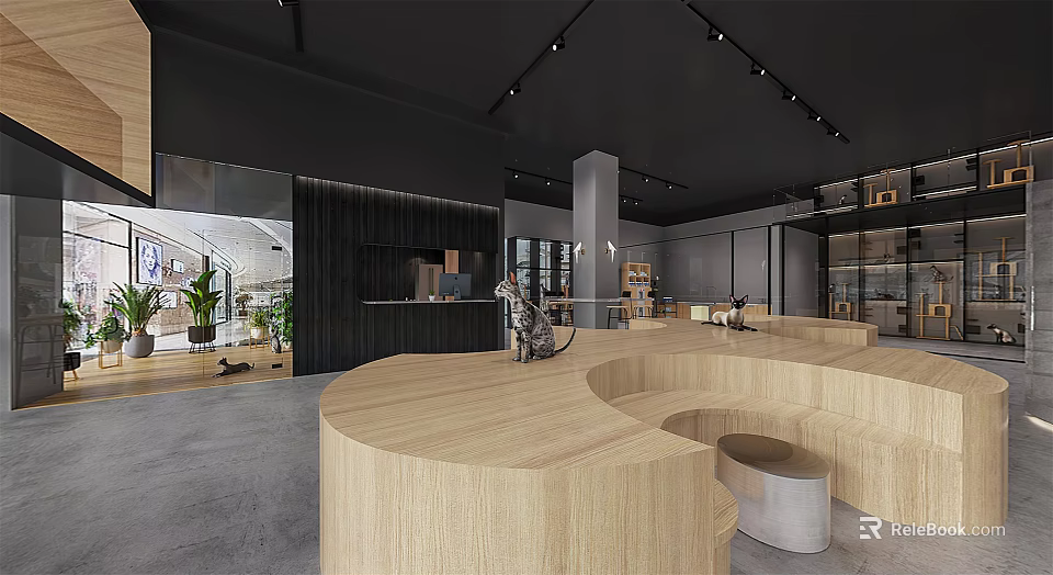 Modern Mall Store Interior Design Featuring Wooden Curved Counter Glass Doors Lighting And Plants 3d model 