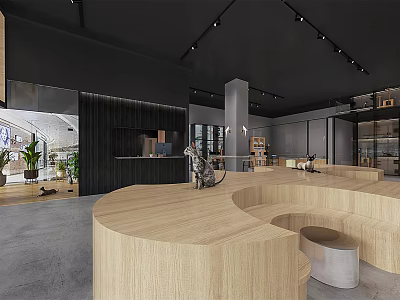 Modern Mall Store Interior Design Featuring Wooden Curved Counter Glass Doors Lighting And Plants 3d model