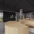 Modern Mall Store Interior Design Featuring Wooden Curved Counter Glass Doors Lighting And Plants