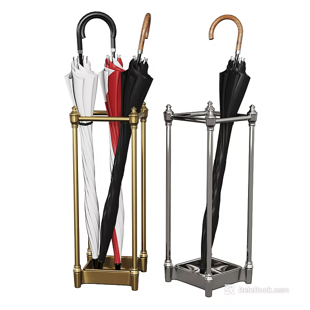 Elegant Metal Umbrella Stand In Brass And Silver Finish With Multiple Colored Umbrellas 3d model 