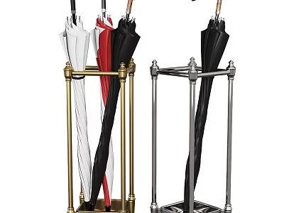 Elegant Metal Umbrella Stand In Brass And Silver Finish With Multiple Colored Umbrellas 3d model