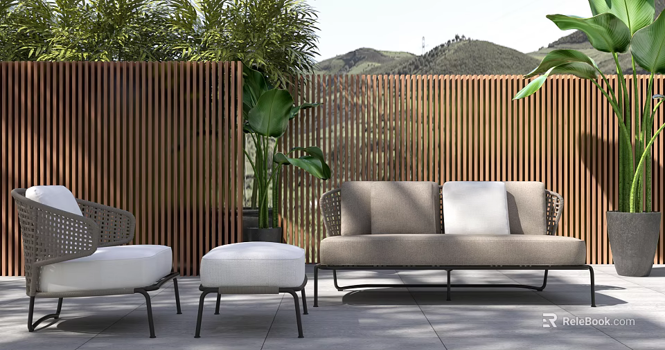 Outdoor Sofa with White Cushions Ottoman Wooden Slat Screen Green Plants and Mountain View 3d model 