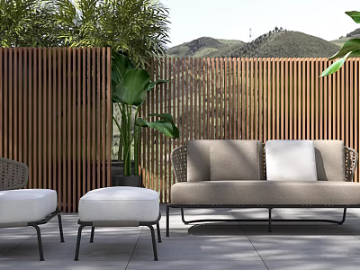 Outdoor Sofa with White Cushions Ottoman Wooden Slat Screen Green Plants and Mountain View 3d model