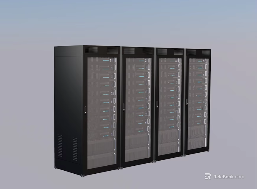 Multiple Black Server Racks with Glass Doors for Data Center Network Equipment 3d model