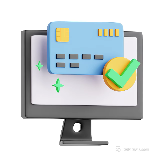 Computer Monitor Displaying Credit Card With Check Mark And Green Stars 3d model 