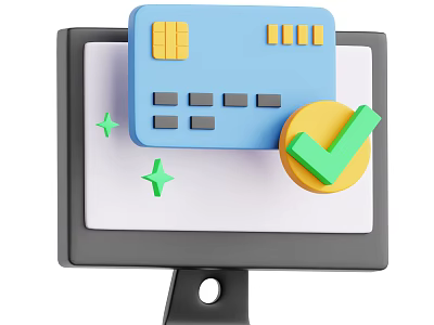 Computer Monitor Displaying Credit Card With Check Mark And Green Stars 3d model
