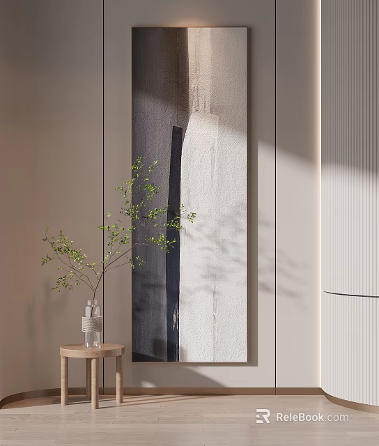Minimalist Interior With Decorative Painting Green Plant Vase And Light Shadows 3d model 
