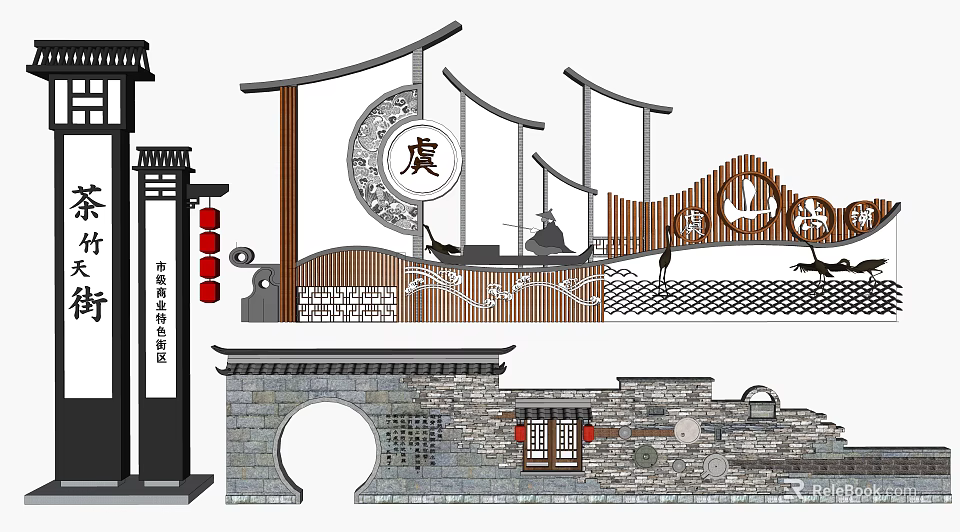 Chinese Traditional Scenic Wall Design Featuring Stone Structure Wooden Lattice Circular Window And Red Lanterns 3d model 