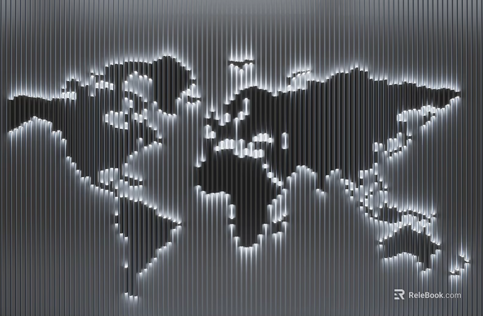Artistic Linear Black And White World Map Outline Sculpture Carving 3d model 