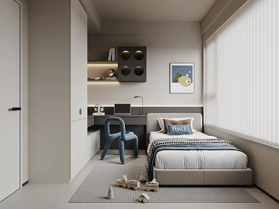 Modern Kids Room Interior Design With Bed Desk Blue Chair Toys Blinds And Painting 3d model