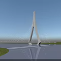 Modern Cable Stayed Bridge With White Pylon Over Water And Green Grass 3d model