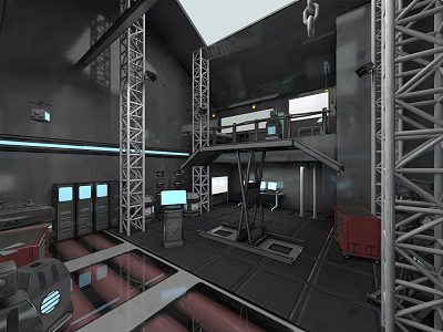 Industrial Indoor Parking Garage With Metal Frames Platforms And Control Consoles 3d model