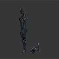 Standing Armored Character In Black Futuristic Armor With Spear Weapon