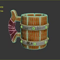 Wooden Style Mug With Orange Body Silver Metal Hoops And Red Bone Shaped Handle