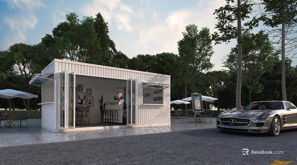 Modern Container Building With Glass Windows Wooden Tables And Outdoor Café Setting Surrounded By Trees 3d model 