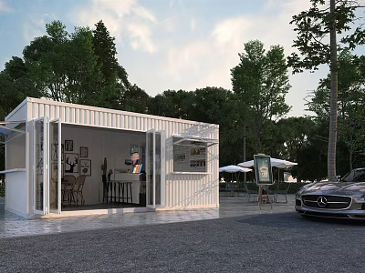 Modern Container Building With Glass Windows Wooden Tables And Outdoor Café Setting Surrounded By Trees 3d model