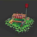 Picnic Table with Red and White Checkered Tablecloth Green Grass Characters Flag and Wooden Crate