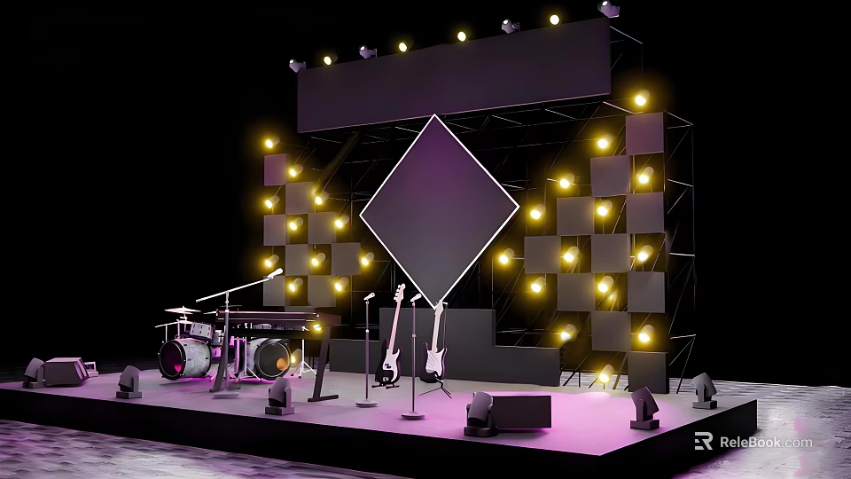 Illuminated Stage With Diamond Shaped Screen Drum Set Guitar Microphones And Speakers 3d model 