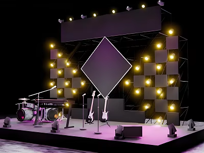 Illuminated Stage With Diamond Shaped Screen Drum Set Guitar Microphones And Speakers 3d model