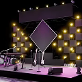 Illuminated Stage With Diamond Shaped Screen Drum Set Guitar Microphones And Speakers