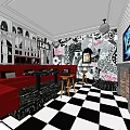 KTV Interior With Red Sofas Black White Checkered Floor Wall Posters and TV 3d model