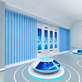 Modern Exhibition Booth With Geometric Structure Blue Lighting And Circular Display Tables