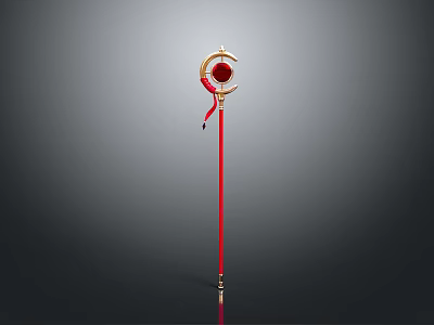 Shiny Golden Weapon with Red Long Handle and Ornate Circular Decorative Head 3d model