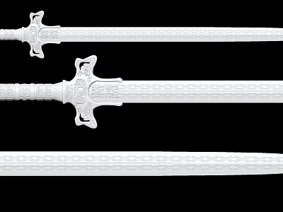 Three White Swords on Black Background with Intricate Hilt Designs and Detailed Blade Patterns 3d model