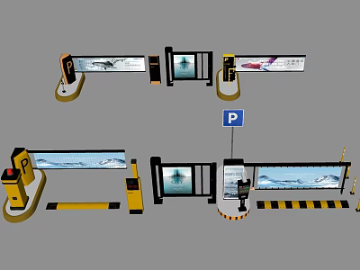 Parking Barrier Gate Systems With P Signs And Toll Booth Equipment 3d model