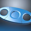 Blue Metal Accessory With Two Circular Holes Central Circular Section And Sleek Metallic Finish